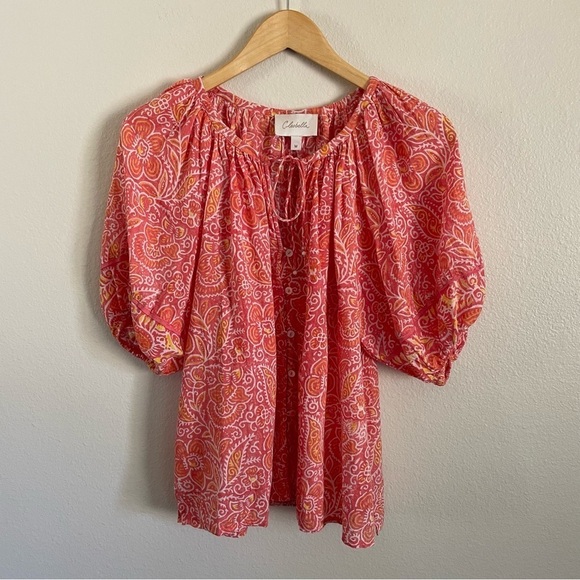 Cleobella Layla Organic Cotton Blouse in Blossom Block Print Orange Size Medium - Picture 6 of 14